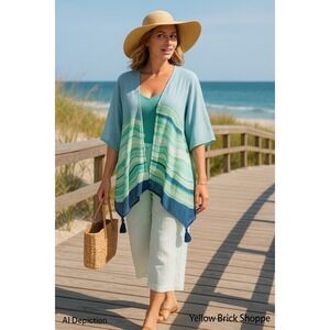Vince Camuto Wave Stripe Tassel Kimono Cardigan – Blue Green Boho Cover-Up OS